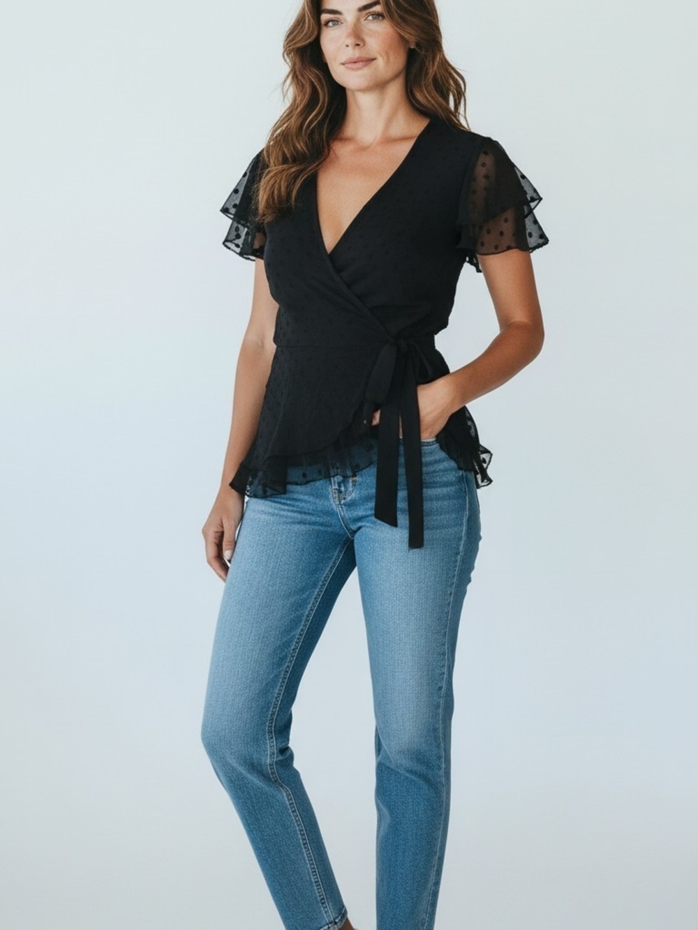 New York & Company Black Swiss Dot Wrap Blouse